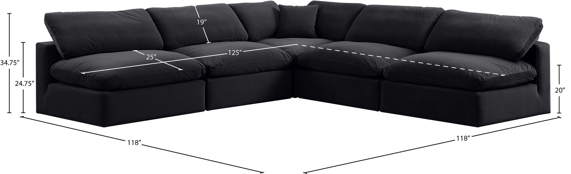 Meridian Furniture - Comfy 118" Black Velvet Upholstered 5pc. Sectional - 189Black-Sec5B - GreatFurnitureDeal
