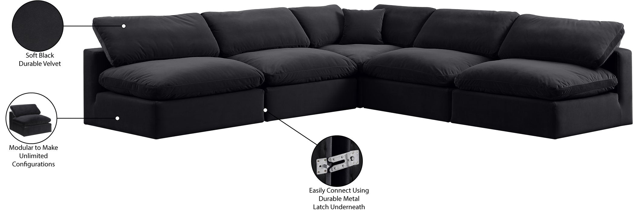 Meridian Furniture - Comfy 118" Black Velvet Upholstered 5pc. Sectional - 189Black-Sec5B - GreatFurnitureDeal