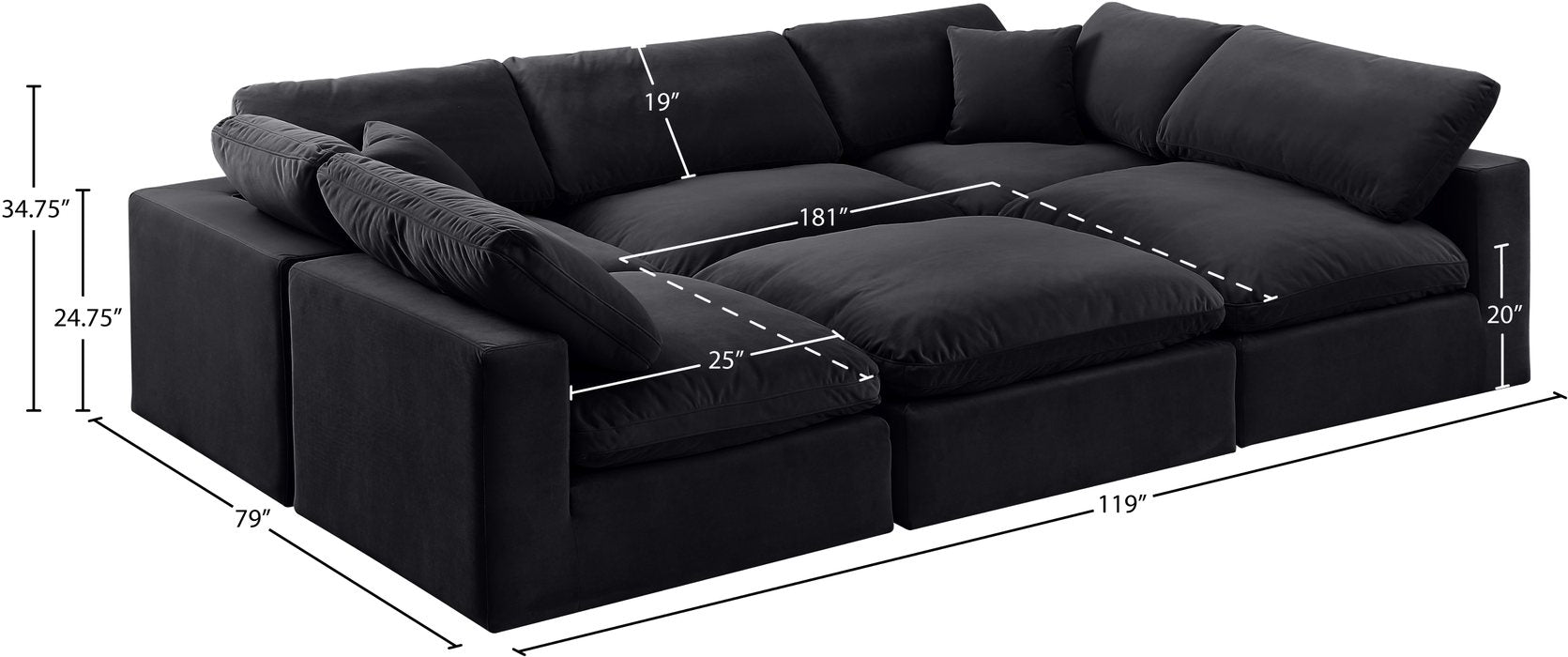 Meridian Furniture - Comfy 119" Black Velvet Upholstered 6pc. Sectional - 189Black-Sec6C - GreatFurnitureDeal
