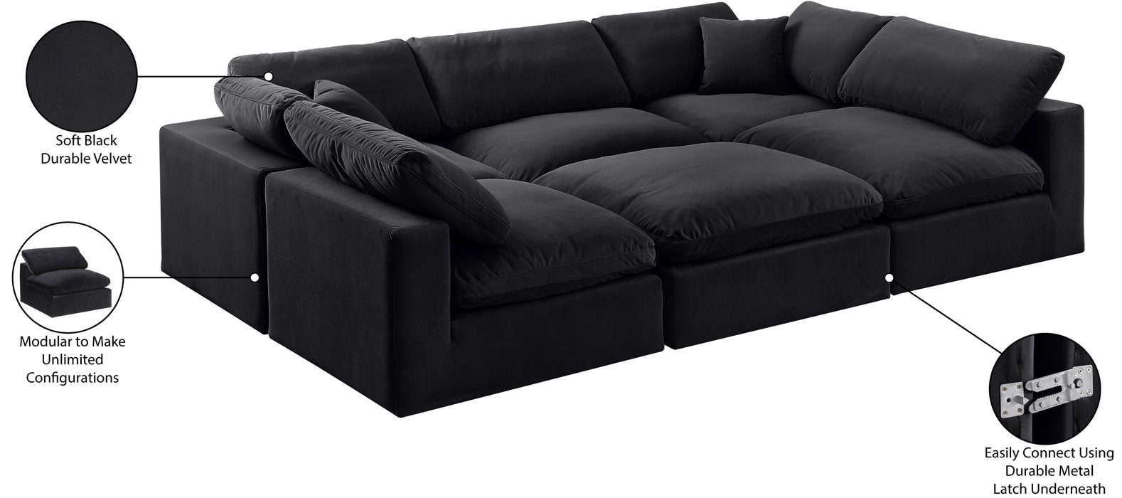 Meridian Furniture - Comfy 119" Black Velvet Upholstered 6pc. Sectional - 189Black-Sec6C - GreatFurnitureDeal