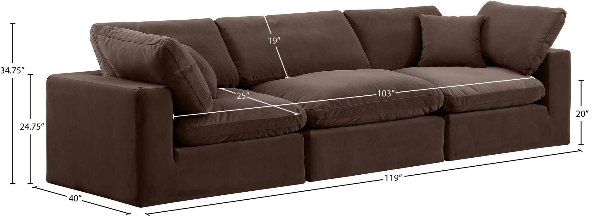 Meridian Furniture - Comfy 119" Brown Velvet Upholstered 3pc. Sofa - 189Brown-S119 - GreatFurnitureDeal