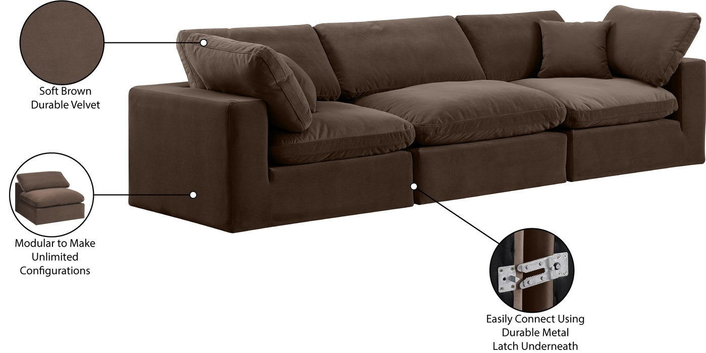 Meridian Furniture - Comfy 119" Brown Velvet Upholstered 3pc. Sofa - 189Brown-S119 - GreatFurnitureDeal