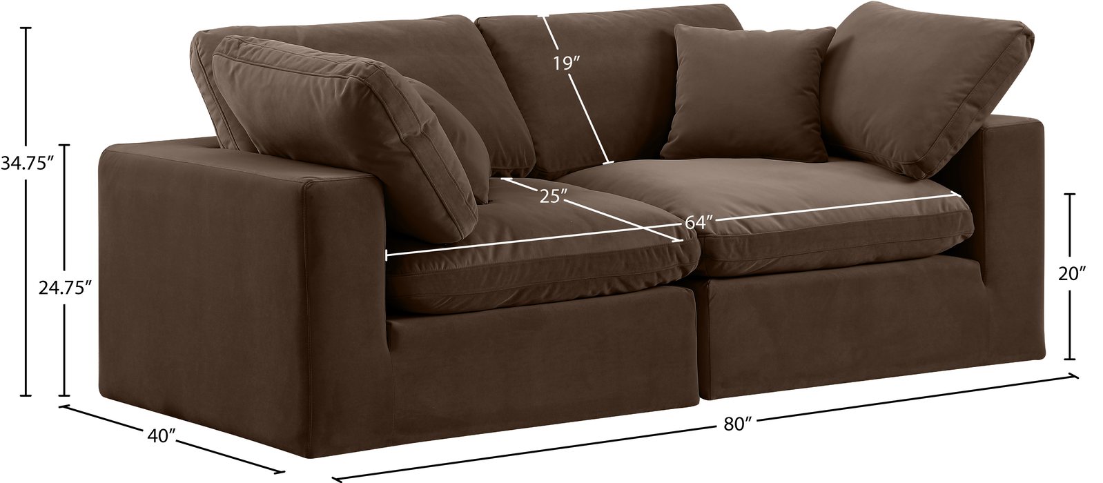 Meridian Furniture - Comfy 80" Brown Velvet Upholstered 2pc. Sofa - 189Brown-S80 - GreatFurnitureDeal