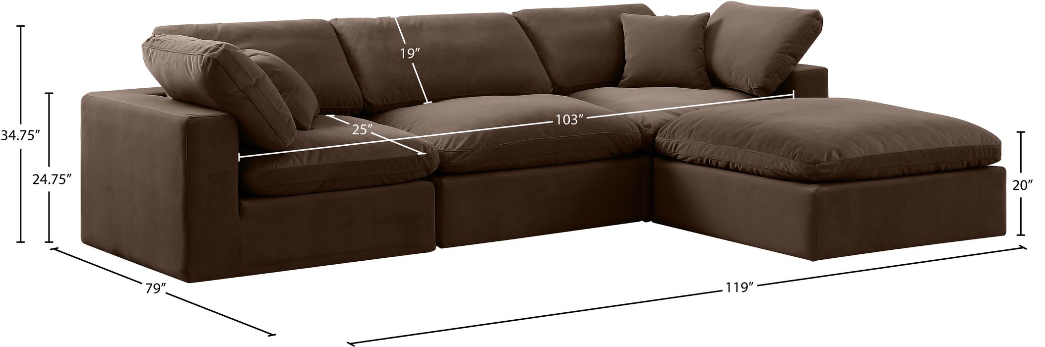 Meridian Furniture - Comfy 119" Brown Velvet Upholstered 4pc. Sectional - 189Brown-Sec4A - GreatFurnitureDeal