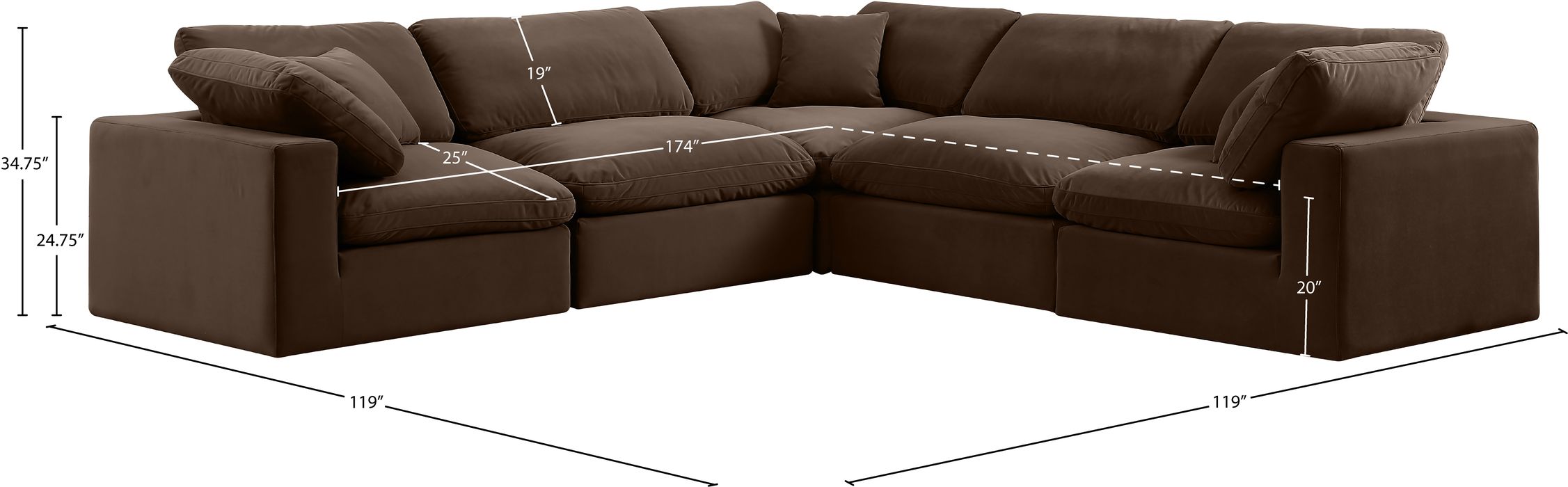 Meridian Furniture - Comfy 119" Brown Velvet Upholstered 5pc. Sectional - 189Brown-Sec5C - GreatFurnitureDeal
