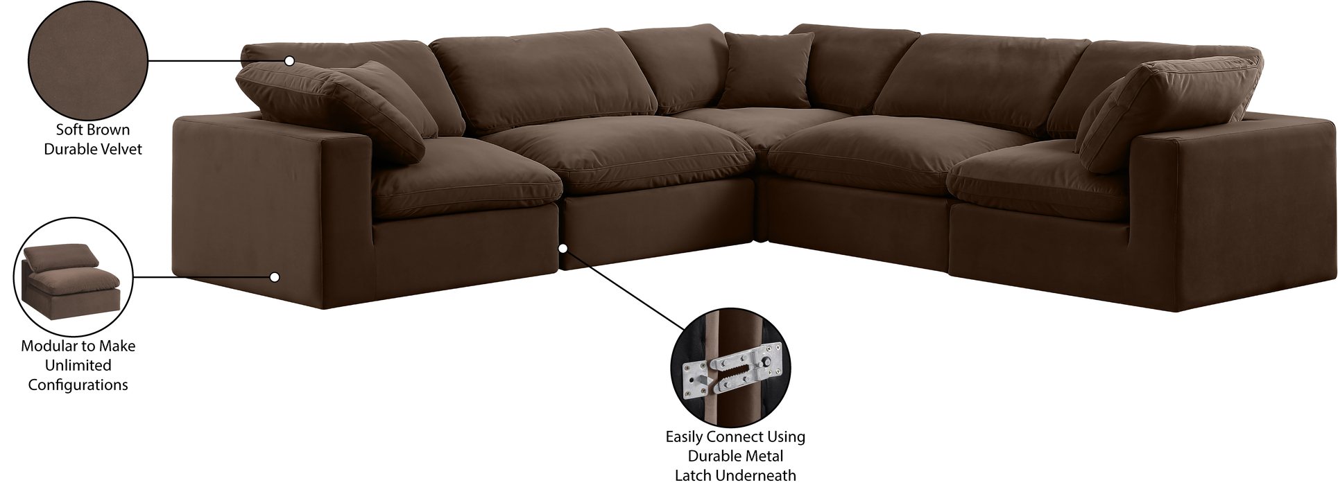 Meridian Furniture - Comfy 119" Brown Velvet Upholstered 5pc. Sectional - 189Brown-Sec5C - GreatFurnitureDeal