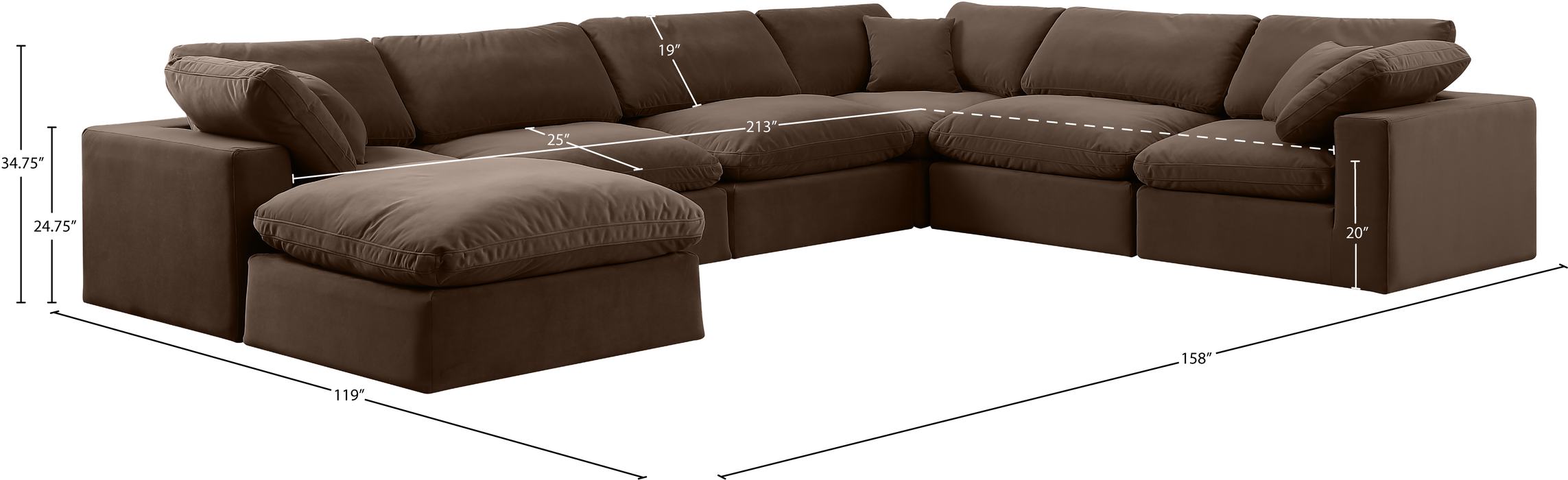Meridian Furniture - Comfy 158" Brown Velvet Upholstered 7pc. Sectional - 189Brown-Sec7A - GreatFurnitureDeal