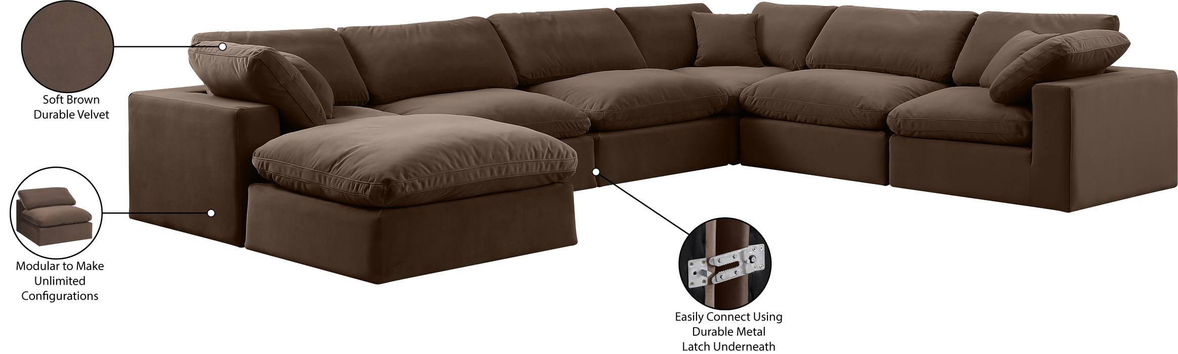 Meridian Furniture - Comfy 158" Brown Velvet Upholstered 7pc. Sectional - 189Brown-Sec7A - GreatFurnitureDeal