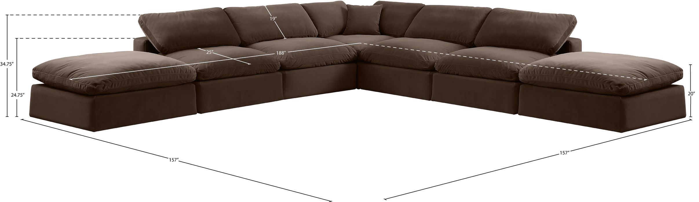 Meridian Furniture - Comfy 157" Brown Velvet Upholstered 7pc. Sectional - 189Brown-Sec7C - GreatFurnitureDeal