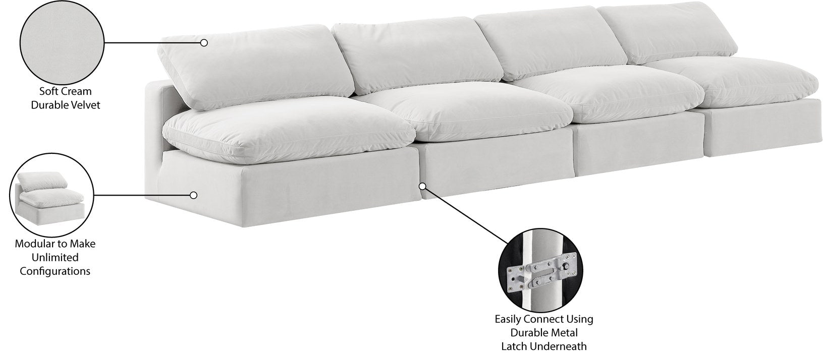 Meridian Furniture - Comfy 156" Cream Velvet Upholstered 4pc. Armless Sofa - 189Cream-S156 - GreatFurnitureDeal