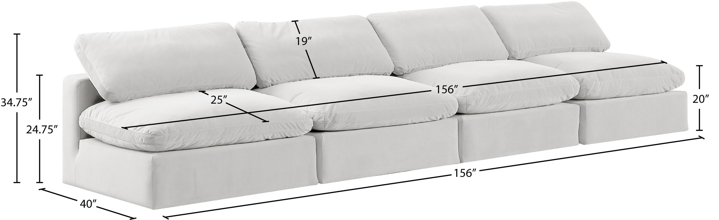Meridian Furniture - Comfy 156" Cream Velvet Upholstered 4pc. Armless Sofa - 189Cream-S156 - GreatFurnitureDeal
