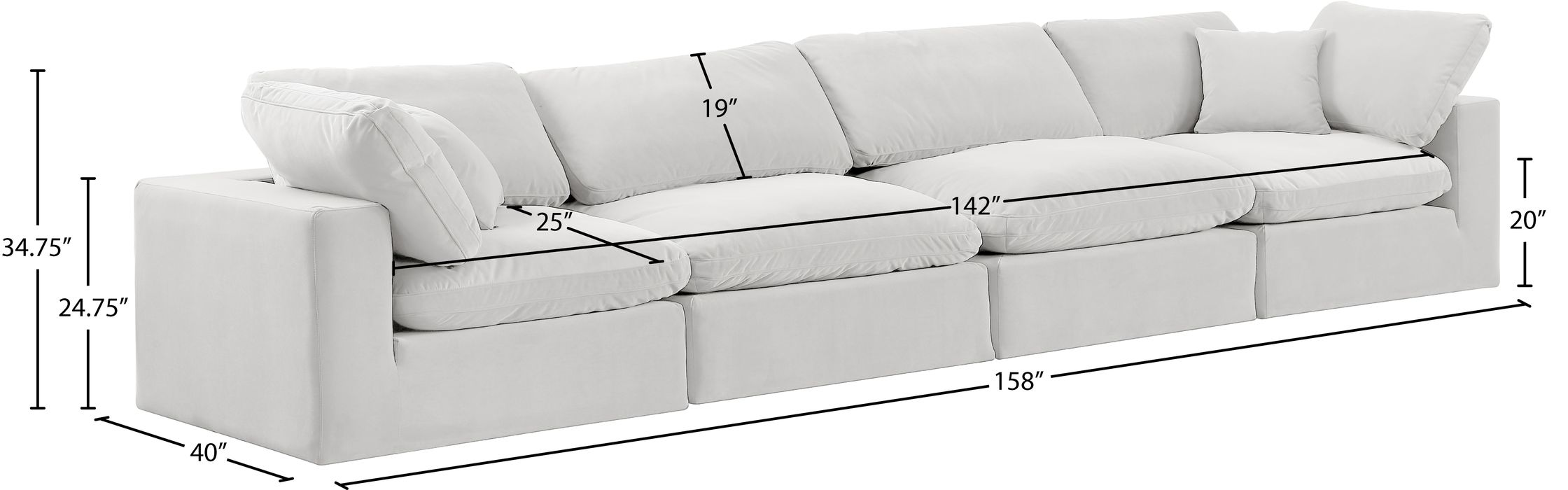 Meridian Furniture - Comfy 158" Cream Velvet Upholstered 4pc. Sofa - 189Cream-S158 - GreatFurnitureDeal