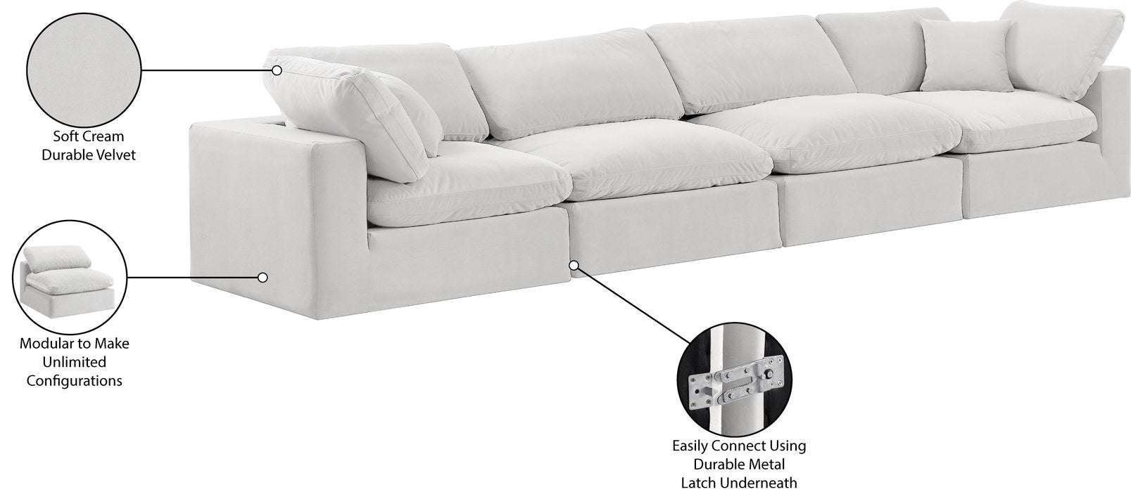 Meridian Furniture - Comfy 158" Cream Velvet Upholstered 4pc. Sofa - 189Cream-S158 - GreatFurnitureDeal