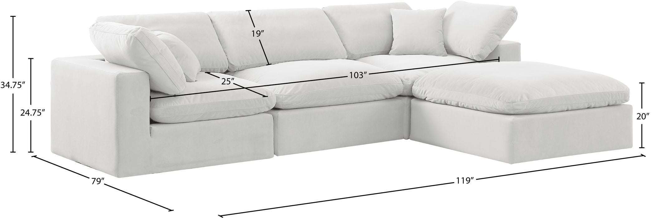 Meridian Furniture - Comfy 119" Cream Velvet Upholstered 4pc. Sectional - 189Cream-Sec4A - GreatFurnitureDeal