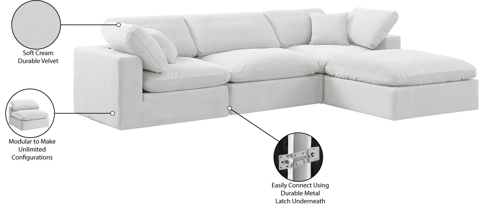Meridian Furniture - Comfy 119" Cream Velvet Upholstered 4pc. Sectional - 189Cream-Sec4A - GreatFurnitureDeal