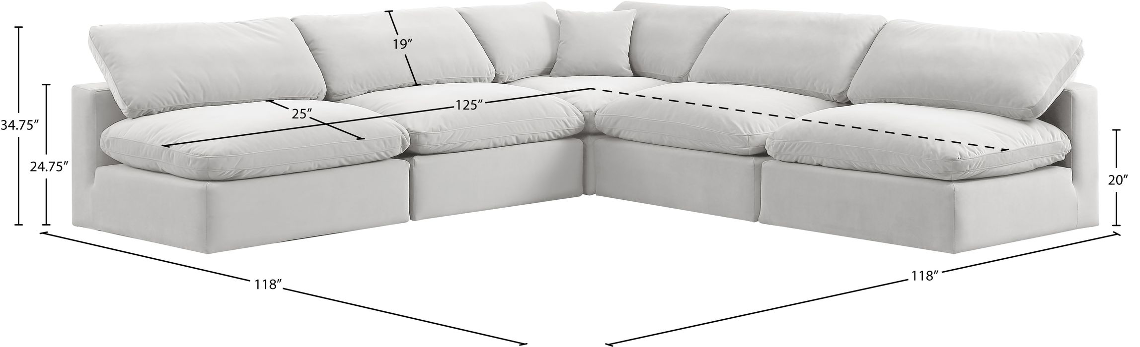 Meridian Furniture - Comfy 118" Cream Velvet Upholstered 5pc. Sectional - 189Cream-Sec5B - GreatFurnitureDeal