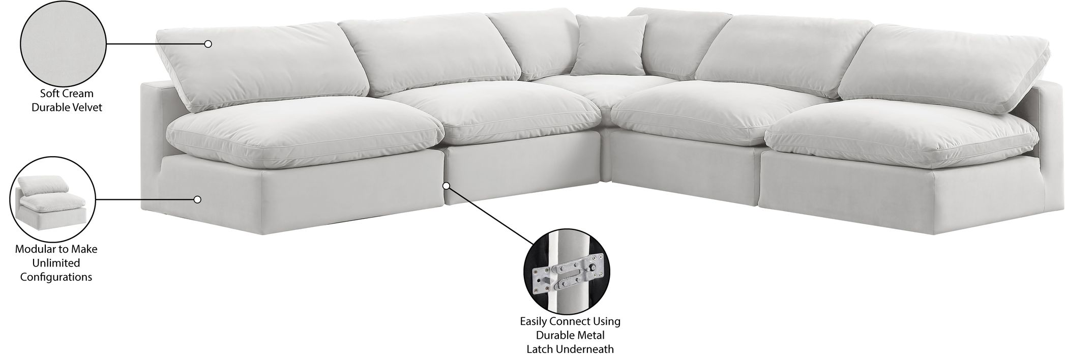Meridian Furniture - Comfy 118" Cream Velvet Upholstered 5pc. Sectional - 189Cream-Sec5B - GreatFurnitureDeal