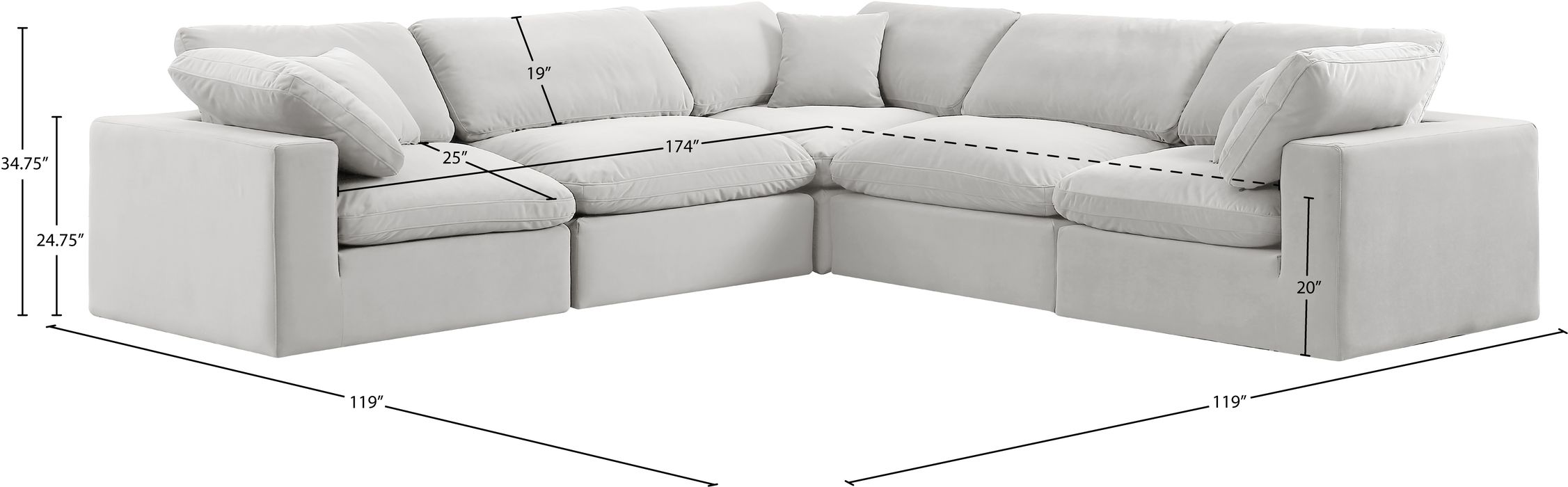 Meridian Furniture - Comfy 119" Cream Velvet Upholstered 5pc. Sectional - 189Cream-Sec5C - GreatFurnitureDeal