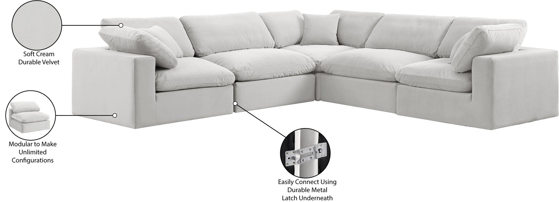 Meridian Furniture - Comfy 119" Cream Velvet Upholstered 5pc. Sectional - 189Cream-Sec5C - GreatFurnitureDeal
