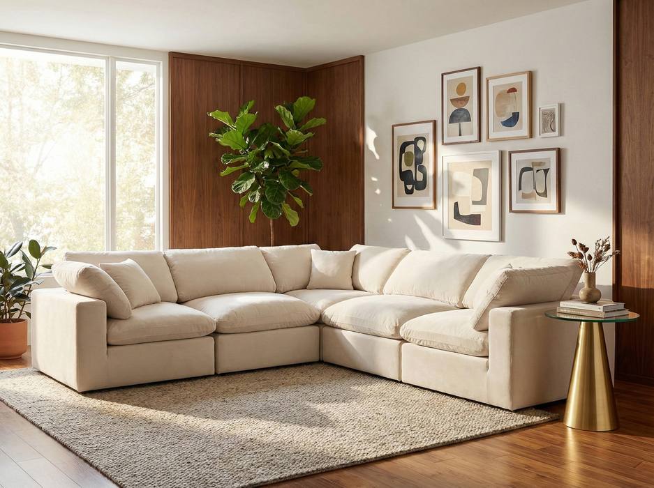 Meridian Furniture - Comfy 119" Cream Velvet Upholstered 5pc. Sectional - 189Cream-Sec5C - GreatFurnitureDeal