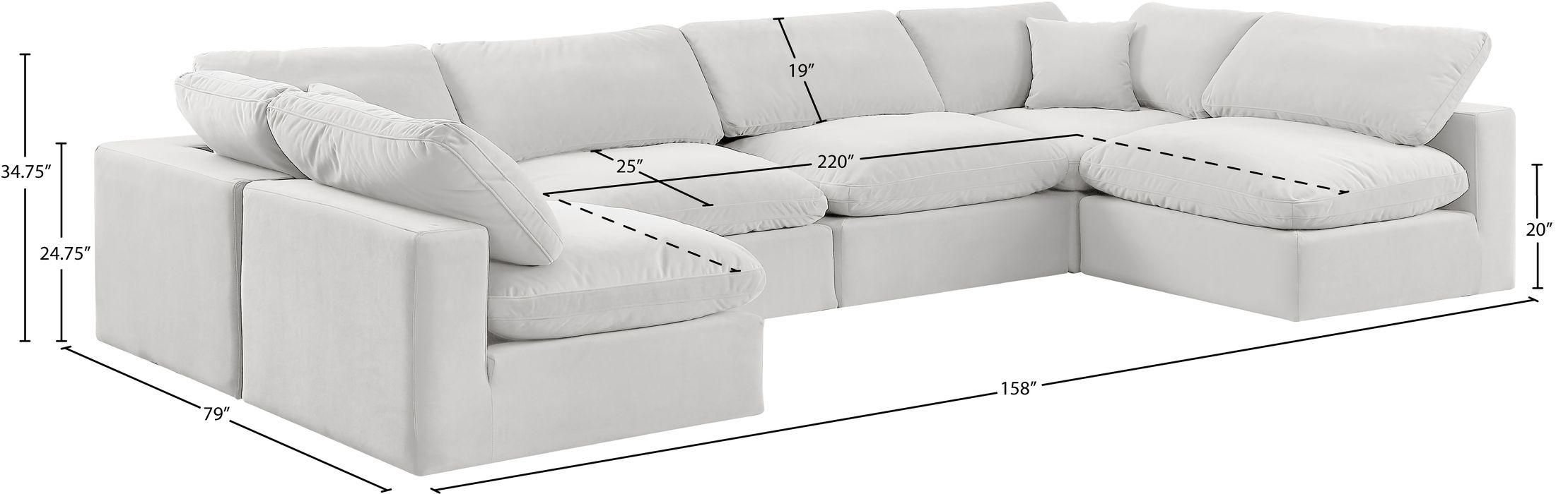 Meridian Furniture - Comfy 158" Cream Velvet Upholstered 6pc. Sectional - 189Cream-Sec6D - GreatFurnitureDeal