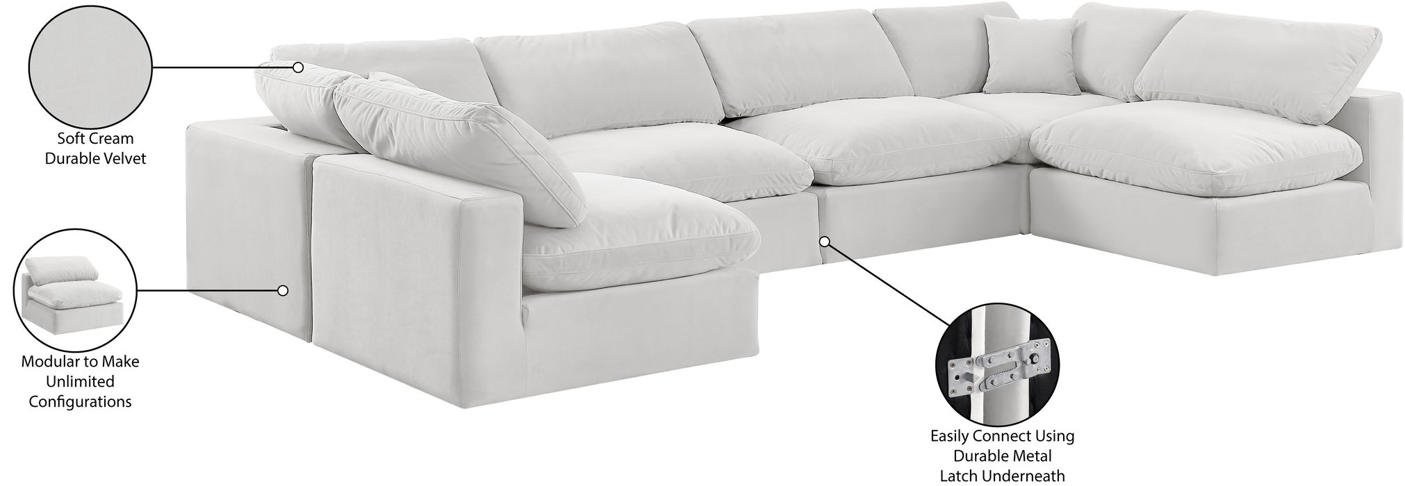 Meridian Furniture - Comfy 158" Cream Velvet Upholstered 6pc. Sectional - 189Cream-Sec6D - GreatFurnitureDeal
