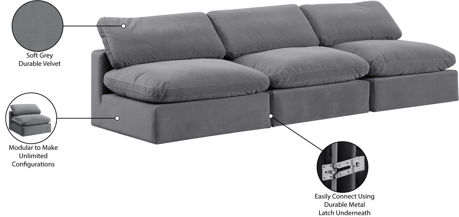 Meridian Furniture - Comfy 117" Grey Velvet Upholstered 3pc. Armless Sofa - 189Grey-S117 - GreatFurnitureDeal