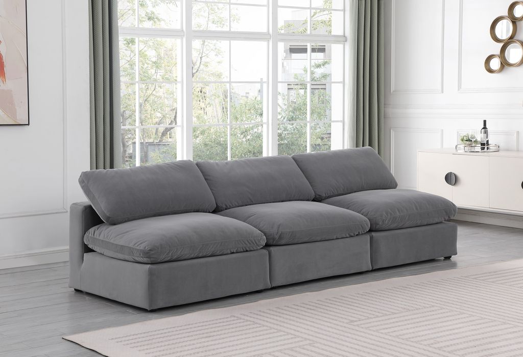 Meridian Furniture - Comfy 117" Grey Velvet Upholstered 3pc. Armless Sofa - 189Grey-S117 - GreatFurnitureDeal