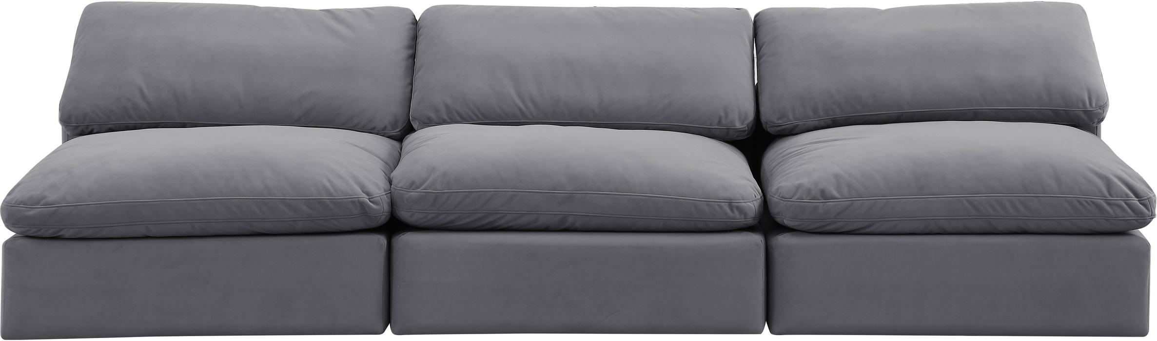 Meridian Furniture - Comfy 117" Grey Velvet Upholstered 3pc. Armless Sofa - 189Grey-S117 - GreatFurnitureDeal