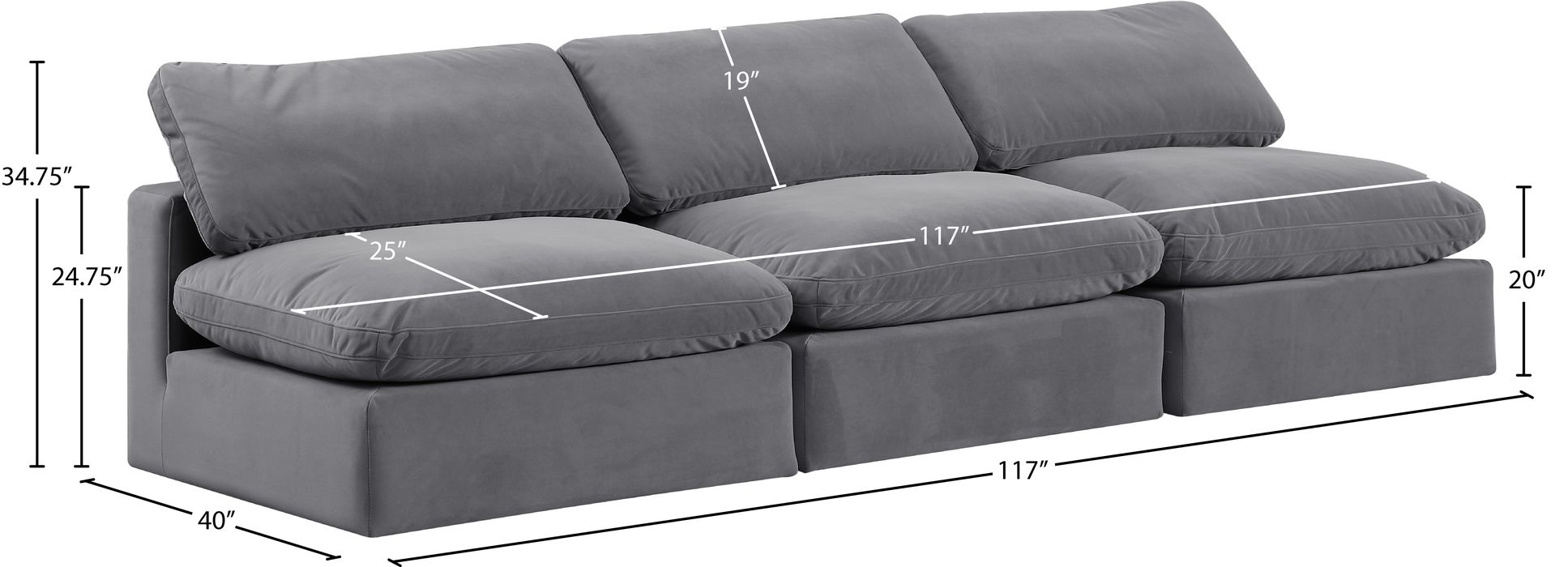 Meridian Furniture - Comfy 117" Grey Velvet Upholstered 3pc. Armless Sofa - 189Grey-S117 - GreatFurnitureDeal