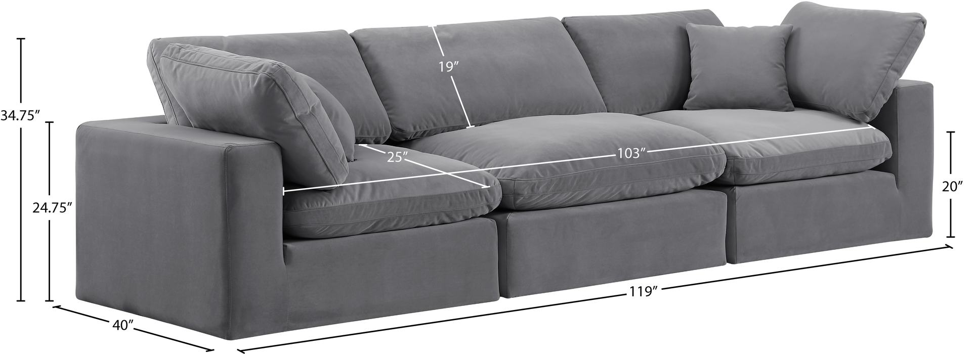 Meridian Furniture - Comfy 119" Grey Velvet Upholstered 3pc. Sofa - 189Grey-S119 - GreatFurnitureDeal