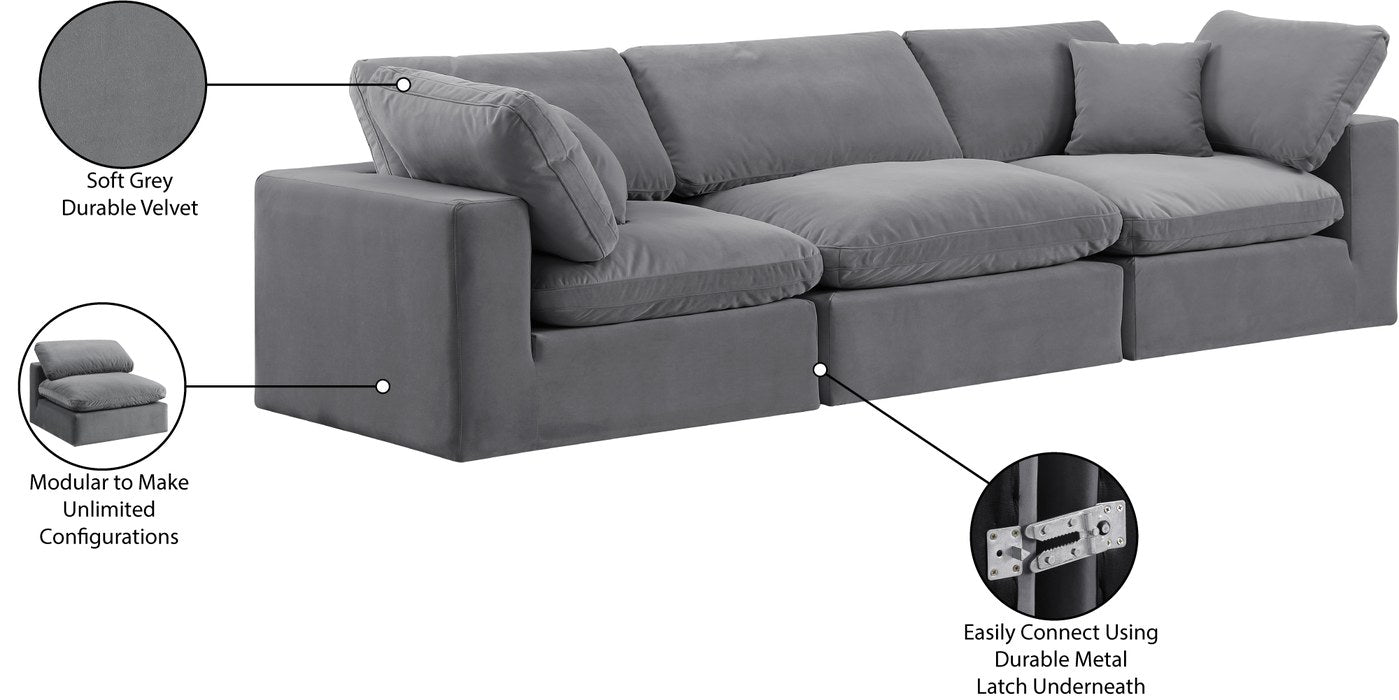 Meridian Furniture - Comfy 119" Grey Velvet Upholstered 3pc. Sofa - 189Grey-S119 - GreatFurnitureDeal
