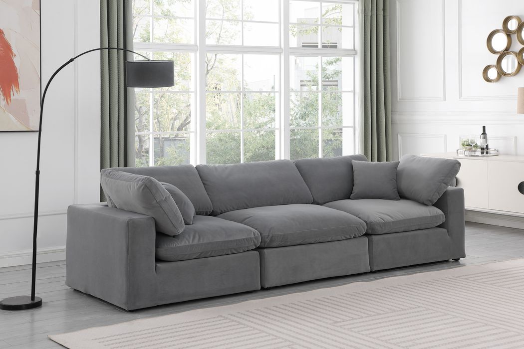 Meridian Furniture - Comfy 119" Grey Velvet Upholstered 3pc. Sofa - 189Grey-S119 - GreatFurnitureDeal