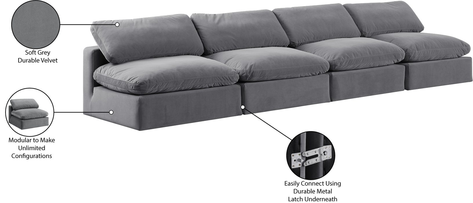 Meridian Furniture - Comfy 156" Grey Velvet Upholstered 4pc. Armless Sofa - 189Grey-S156 - GreatFurnitureDeal
