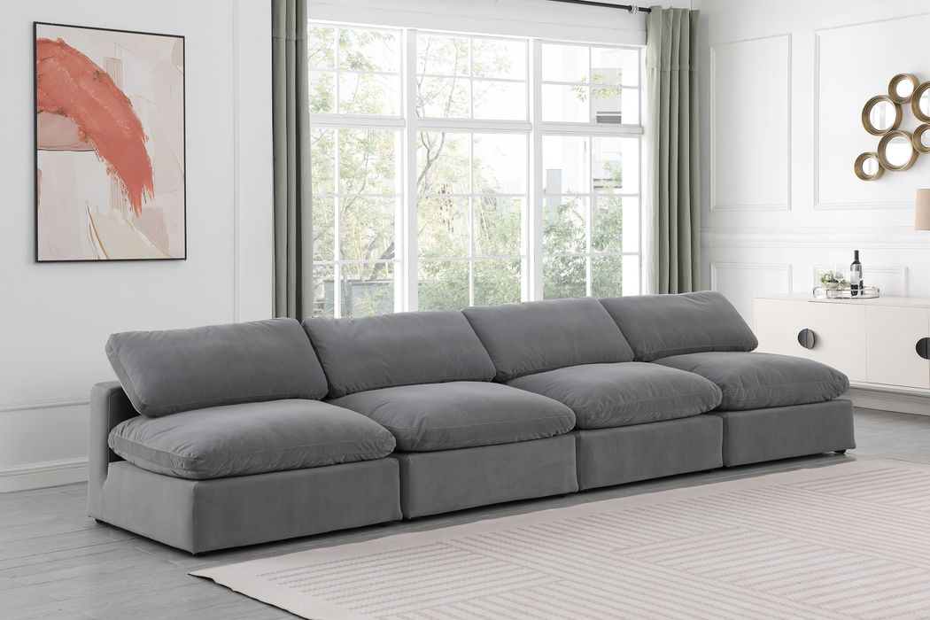 Meridian Furniture - Comfy 156" Grey Velvet Upholstered 4pc. Armless Sofa - 189Grey-S156 - GreatFurnitureDeal
