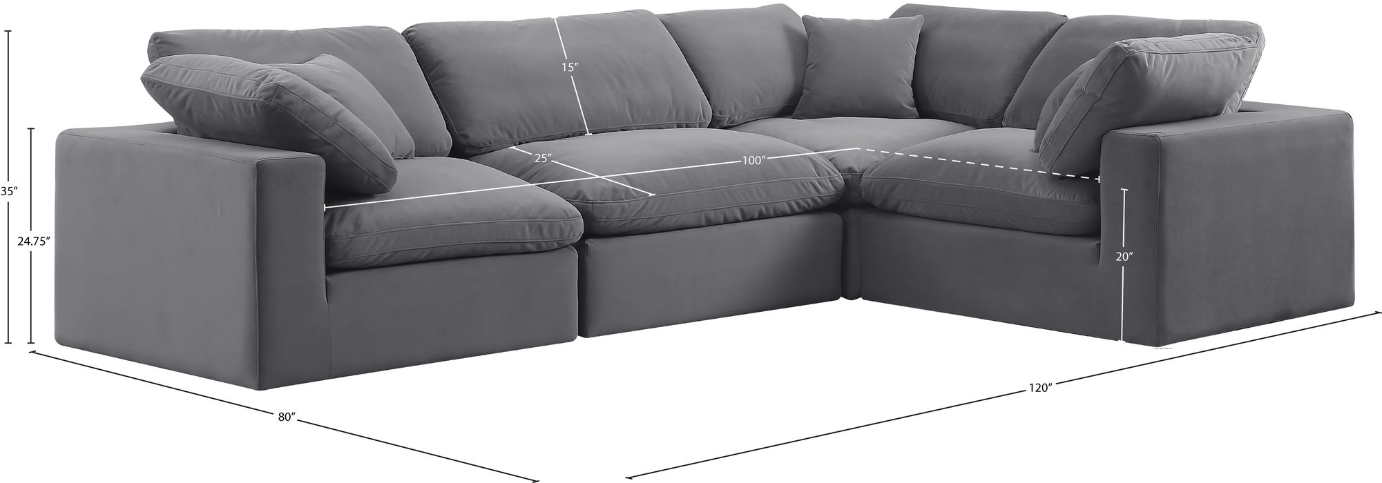 Meridian Furniture - Comfy 119" Grey Velvet Upholstered 4pc. Sectional - 189Grey-Sec4C - GreatFurnitureDeal