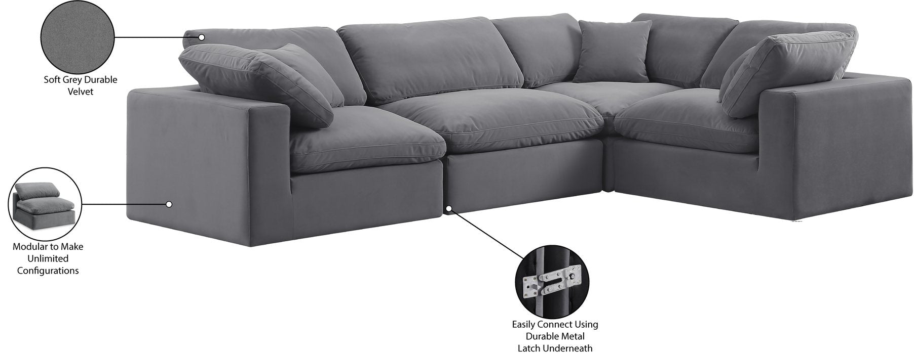 Meridian Furniture - Comfy 119" Grey Velvet Upholstered 4pc. Sectional - 189Grey-Sec4C - GreatFurnitureDeal