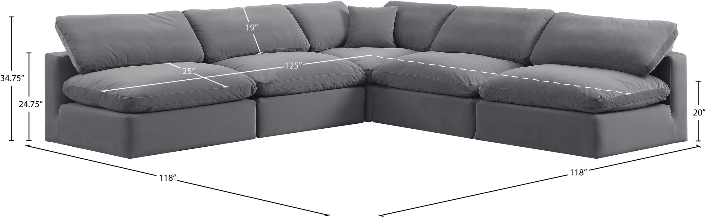 Meridian Furniture - Comfy 118" Grey Velvet Upholstered 5pc. Sectional - 189Grey-Sec5B - GreatFurnitureDeal