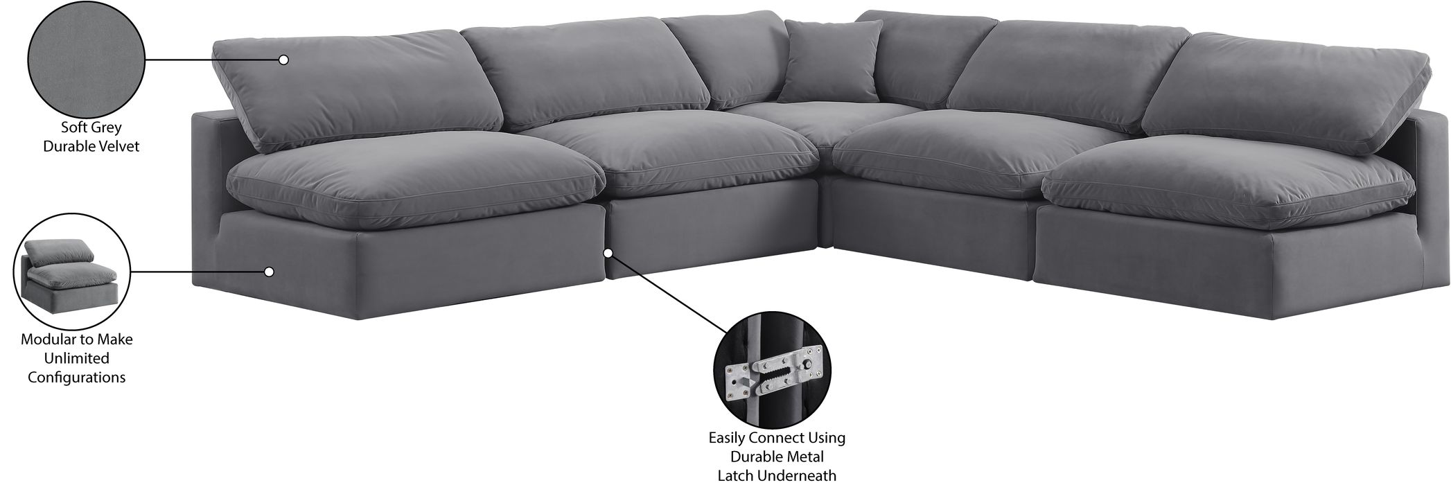 Meridian Furniture - Comfy 118" Grey Velvet Upholstered 5pc. Sectional - 189Grey-Sec5B - GreatFurnitureDeal
