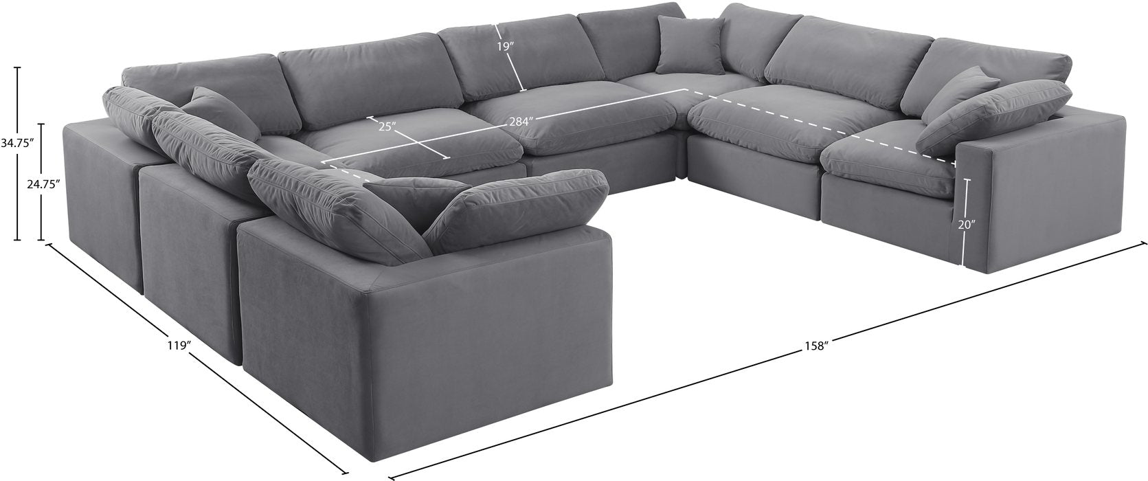 Meridian Furniture - Comfy 158" Grey Velvet Upholstered 8pc. Sectional - 189Grey-Sec8A - GreatFurnitureDeal