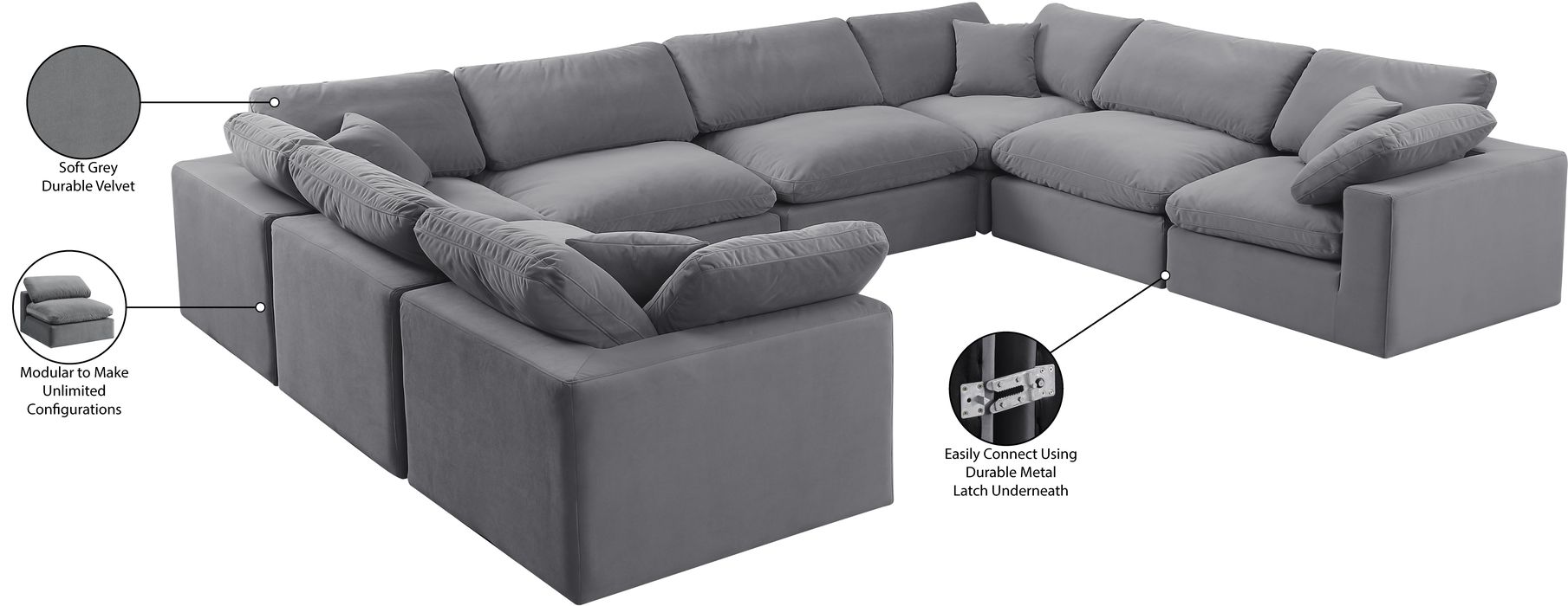 Meridian Furniture - Comfy 158" Grey Velvet Upholstered 8pc. Sectional - 189Grey-Sec8A - GreatFurnitureDeal