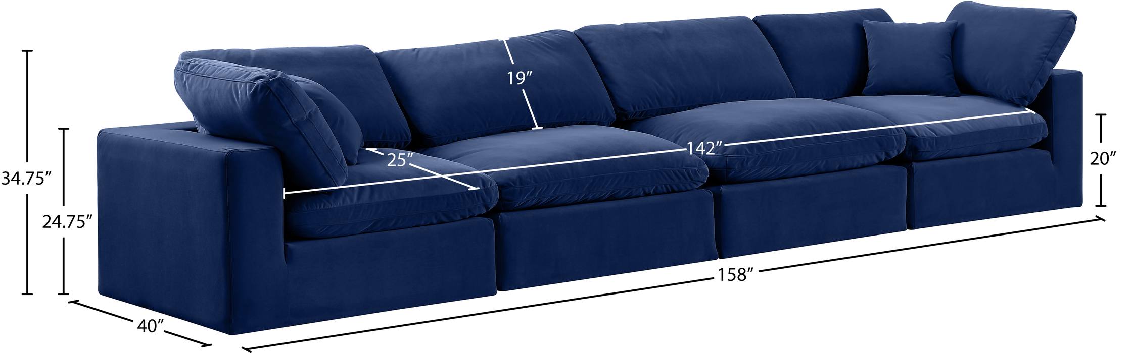 Meridian Furniture - Comfy 158" Navy Velvet Upholstered 4pc. Sofa - 189Navy-S158 - GreatFurnitureDeal