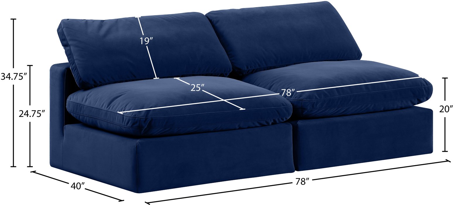 Meridian Furniture - Comfy 78" Navy Velvet Upholstered 2pc. Armless Sofa - 189Navy-S78 - GreatFurnitureDeal