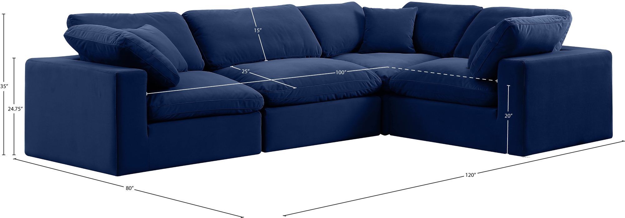 Meridian Furniture - Comfy 119" Navy Velvet Upholstered 4pc. Sectional - 189Navy-Sec4C - GreatFurnitureDeal
