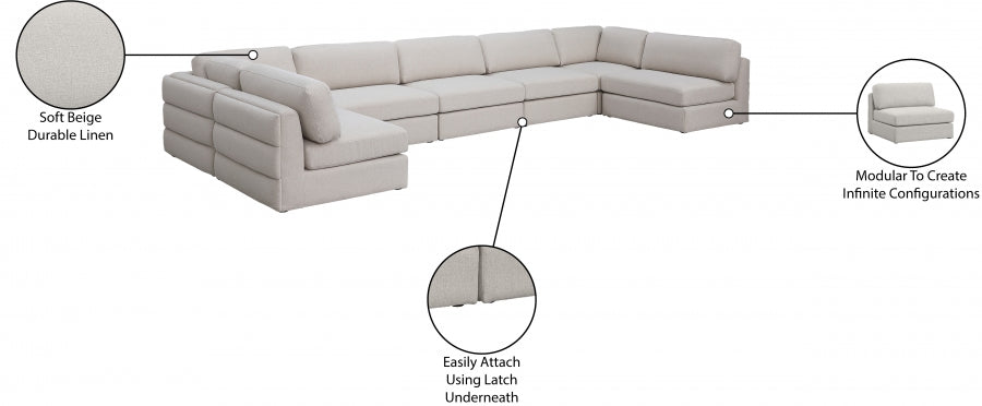 Meridian Furniture - Beckham 190" Linen Textured Fabric Upholstered 7 Piece Modular Sectional - 681Beige-Sec7B - GreatFurnitureDeal