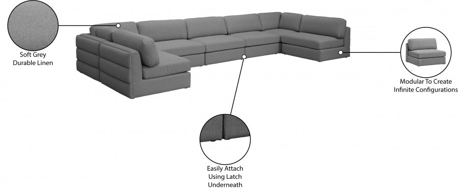 Meridian Furniture - Beckham 190" Linen Textured Fabric Upholstered 7 Piece Modular Sectional - 681Grey-Sec7B - GreatFurnitureDeal