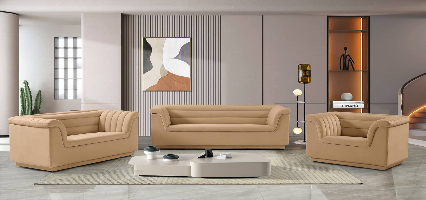 Meridian Furniture - Cascade 72" Camel Velvet Upholstered Loveseat - 192Camel-L - GreatFurnitureDeal