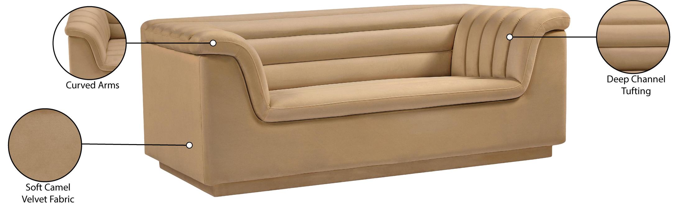 Meridian Furniture - Cascade 72" Camel Velvet Upholstered Loveseat - 192Camel-L - GreatFurnitureDeal