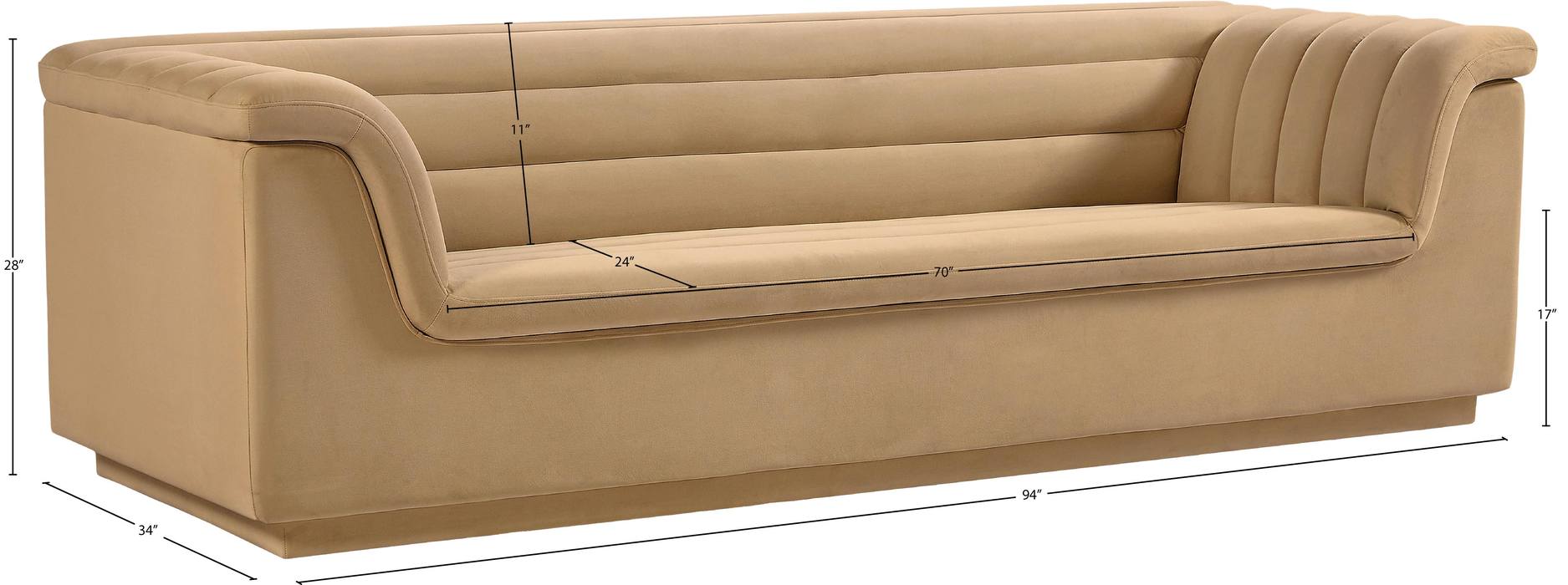 Meridian Furniture - Cascade 94" Camel Velvet Upholstered Sofa - 192Camel-S - GreatFurnitureDeal