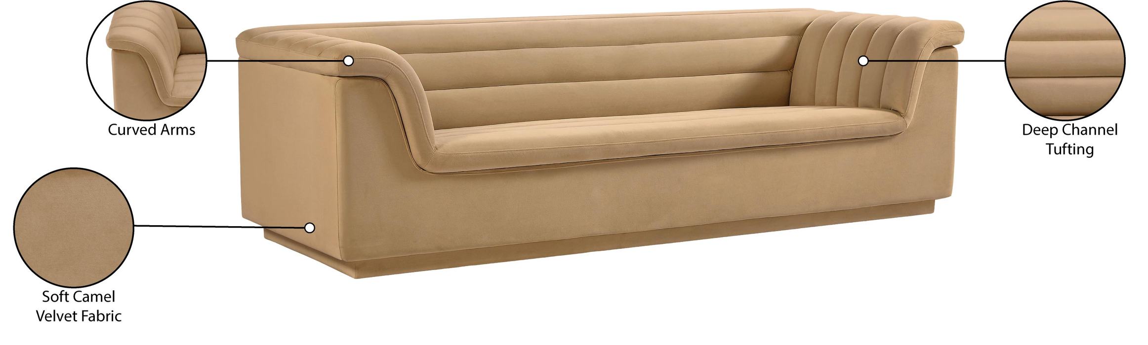 Meridian Furniture - Cascade 94" Camel Velvet Upholstered Sofa - 192Camel-S - GreatFurnitureDeal